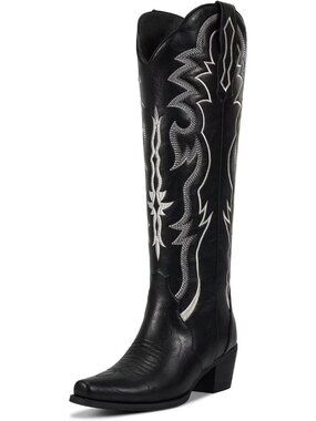 Women's Black Rubber Knee High Cowgirl Classic Retro Embroidered Tall Heel Boots
